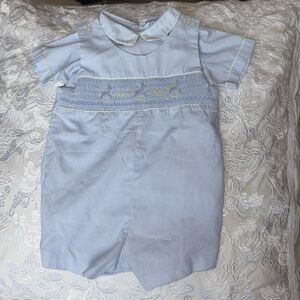 Carriage Boutique smocked 2 pc Light Blue Romper Rocking horse Embroidery 18 mos
